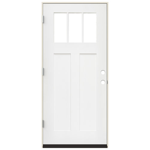 36 In. X 80 In. Craftsman 3 Lite Modern White Painted Fiberglass Prehung Front Entry Door 